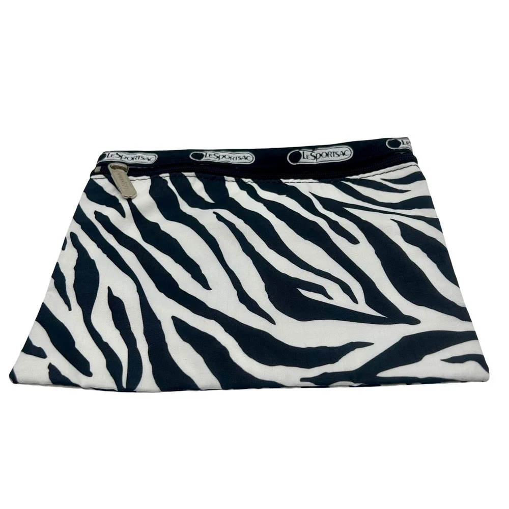 LeSportsac Zebra Print Nylon Cosmetic Pouch Black‎ White Zipper Travel Bag